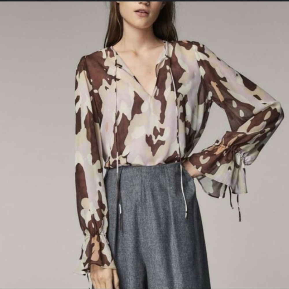 Massimo Dutti Brown and Cream Tie Front Blouse